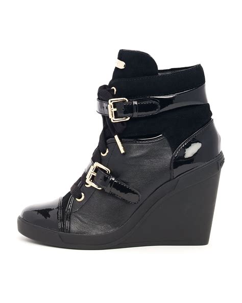 michael michael kors skid leather wedge bootie black|Michael Kors wedge ankle boots.